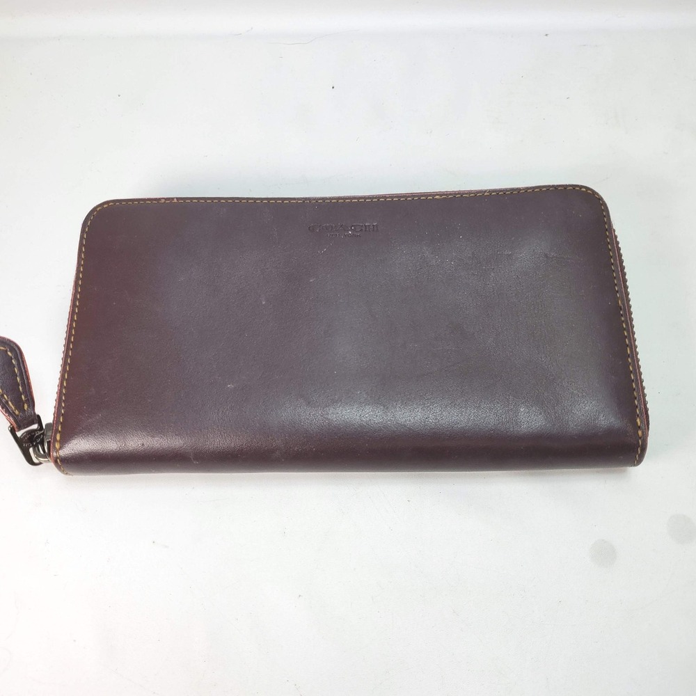 Coach Accordion Zip Wallet Check Burgundy Glovetanned Leather 24377 Pink Inside